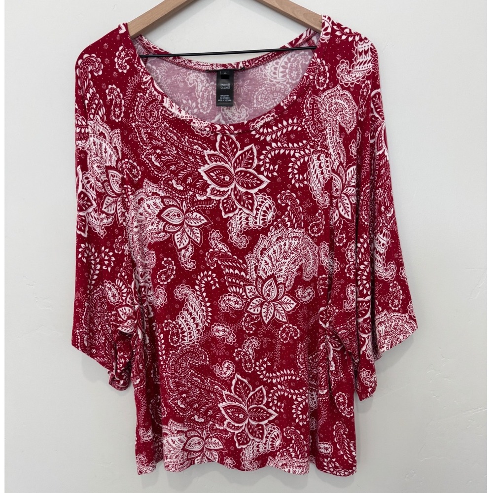 Karen Kane Red Paisley Kimono Sleeve Top Stretchy Relaxed Fit Artsy Floral XL
